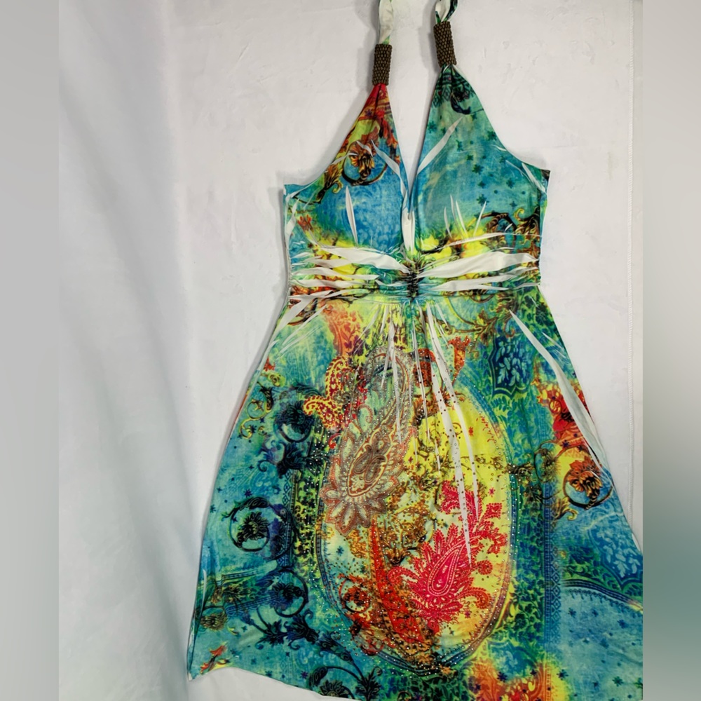 Cristina Love Morrocan Halter Backless Multicolored Sequence Dress Size M - Picture 4 of 13